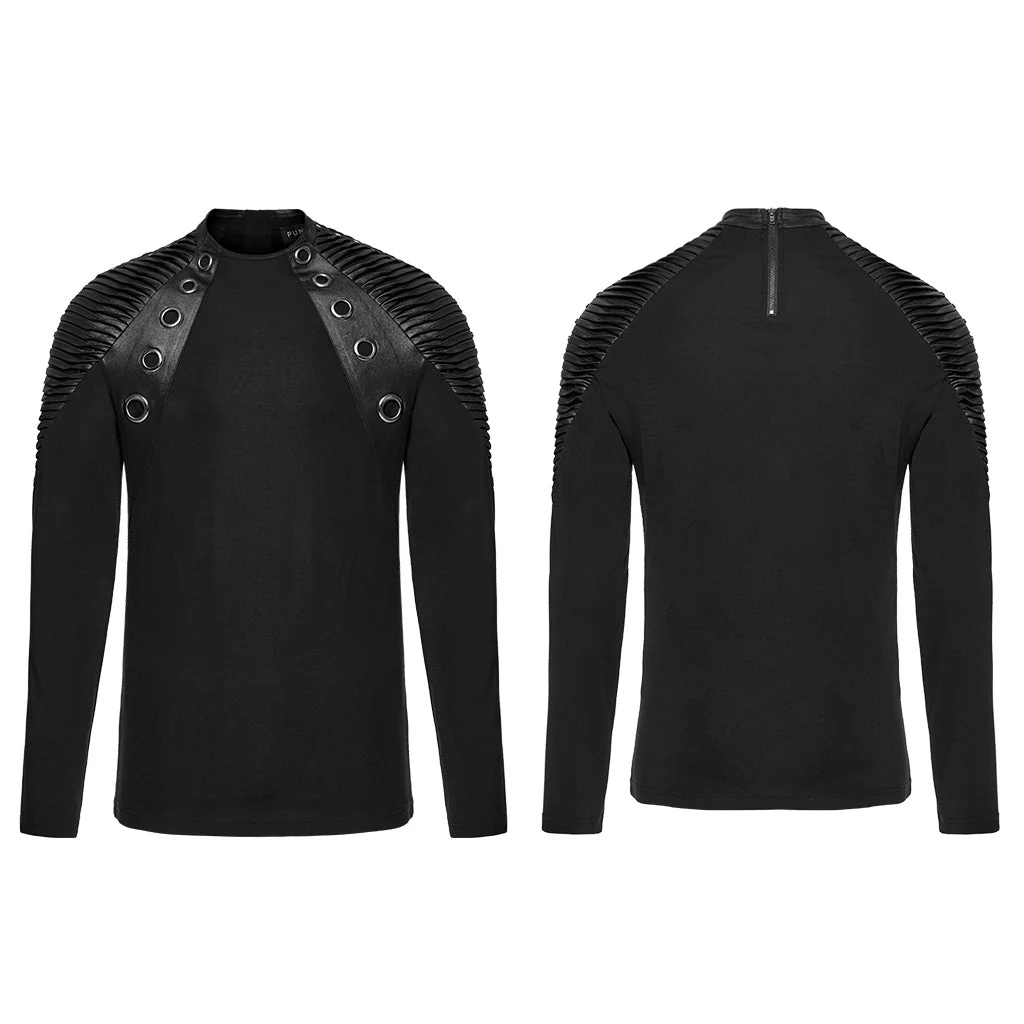 WT-946TCM Gothic Leather Accent Slashed Sleeve Punk T-Shirt - Image 6