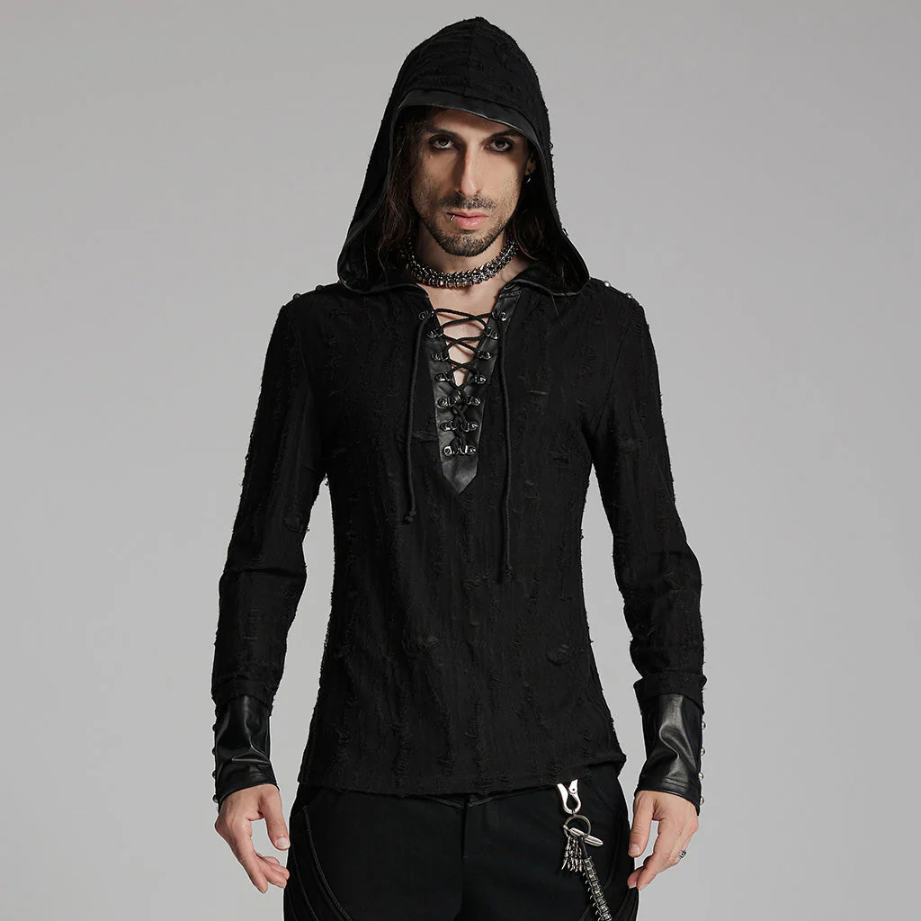 WT-948DQM Gothic Lace-Up Hooded Punk T-Shirt Long Sleeve Black - Image 11