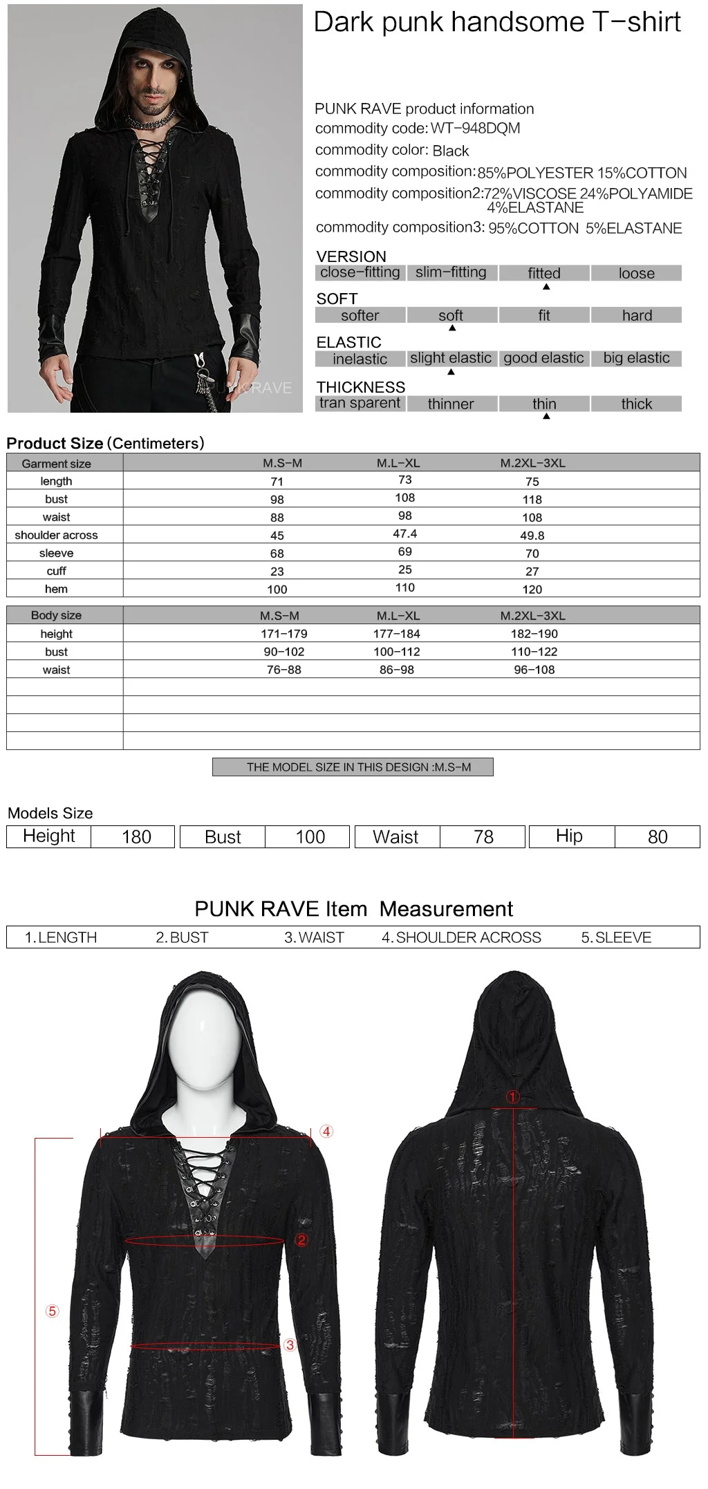 WT-948DQM Gothic Lace-Up Hooded Punk T-Shirt Long Sleeve Black - Image 2