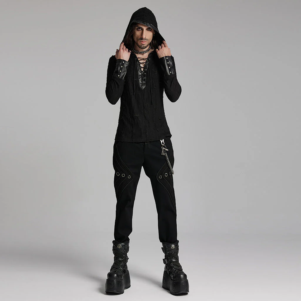 WT-948DQM Gothic Lace-Up Hooded Punk T-Shirt Long Sleeve Black - Image 5