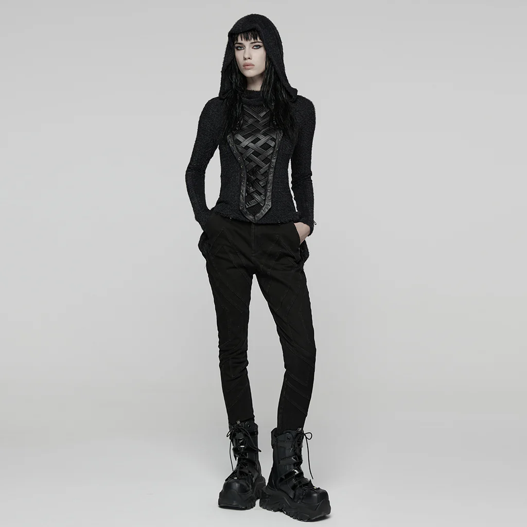 WT-958TCF Gothic Lace-Up Hooded Punk T-Shirt Long Sleeve Top - Image 5