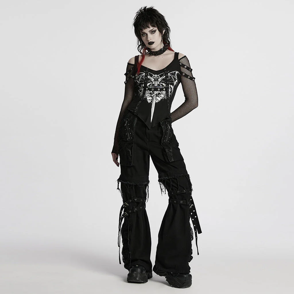 WT-976TCF Gothic Mesh Sleeve Punk T-Shirts with Skull Design - Image 23