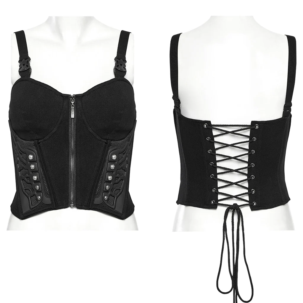 WT-982BXF Gothic Steampunk Punk Vest Strap Corset Black Zipper Bustier Top - Image 6