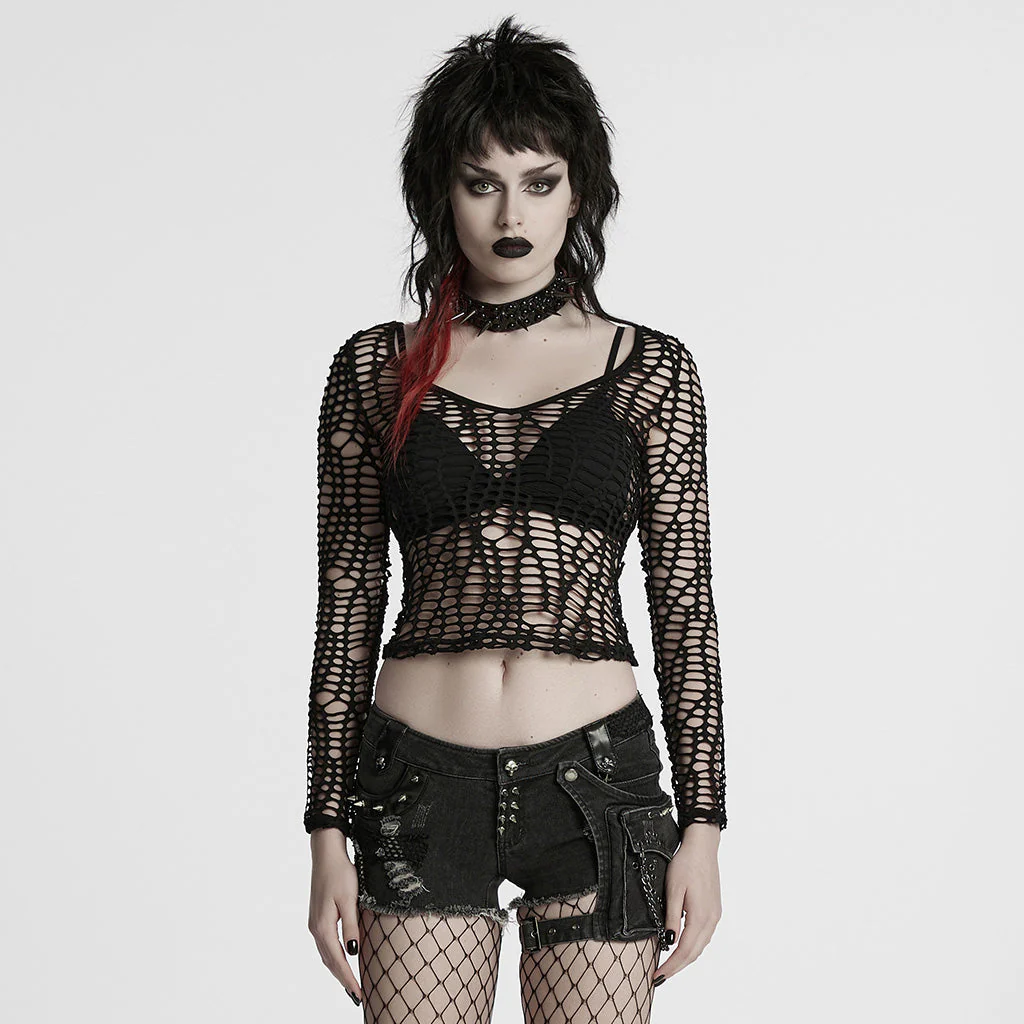 WT-985TCF Edgy Fishnet Punk T-Shirt Gothic Mesh Long Sleeve Top - Image 11