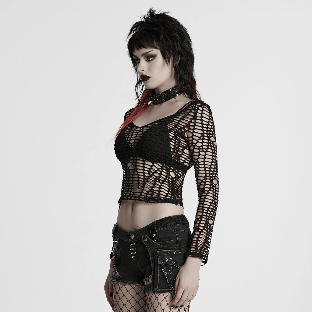 WT-985TCF Edgy Fishnet Punk T-Shirt Gothic Mesh Long Sleeve Top - Image 13