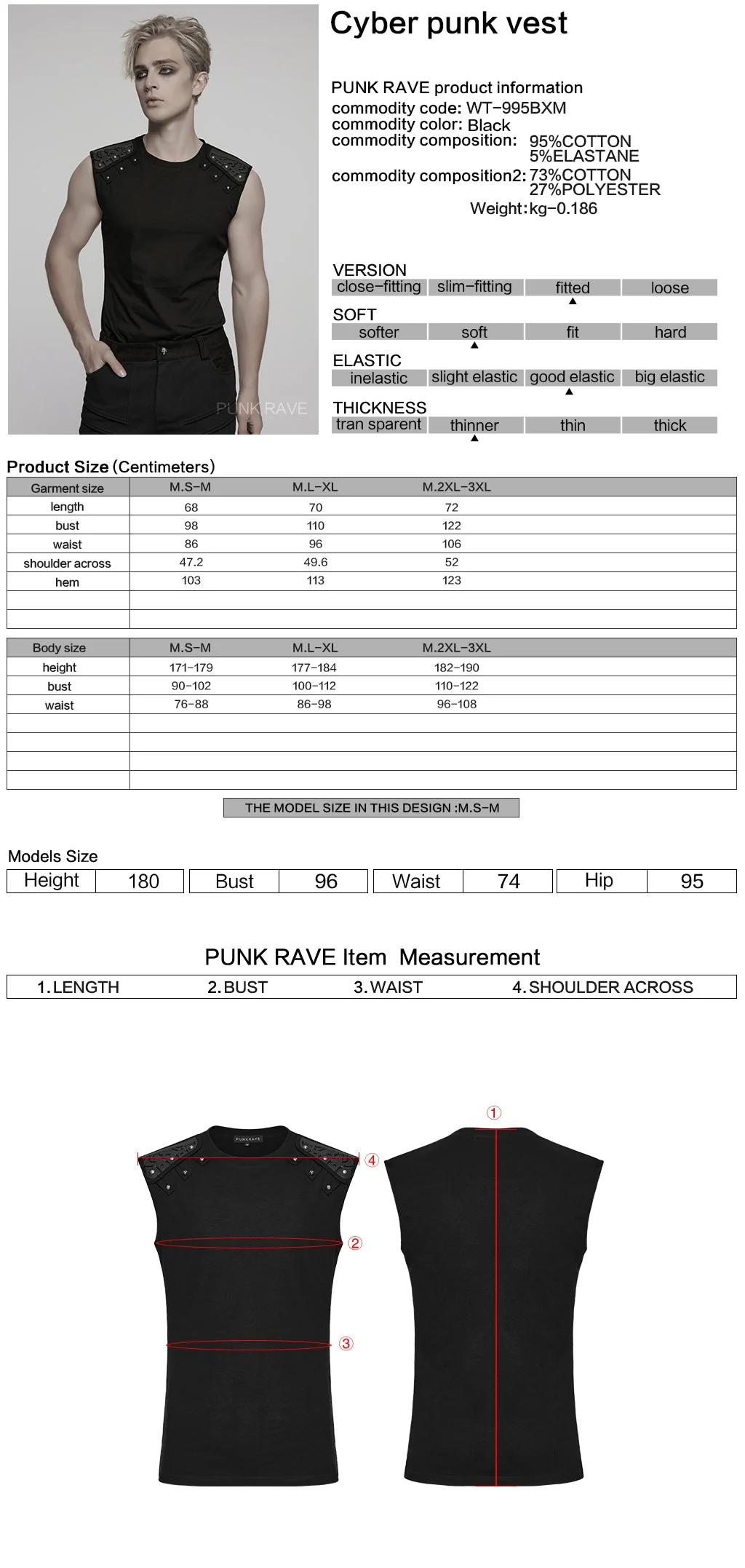 WT-995BXM Mens Studded Shoulder Punk Vests Black Sleeveless Top - Image 11