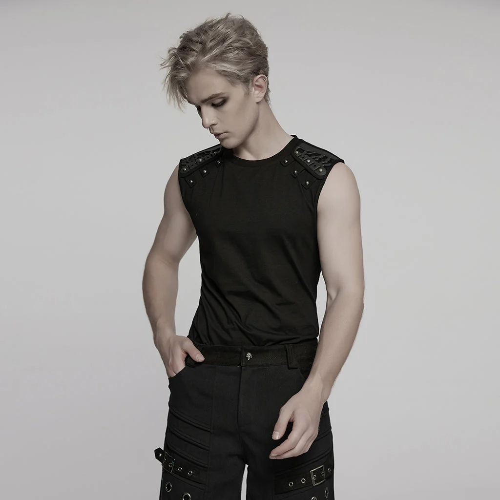 WT-995BXM Mens Studded Shoulder Punk Vests Black Sleeveless Top - Image 12