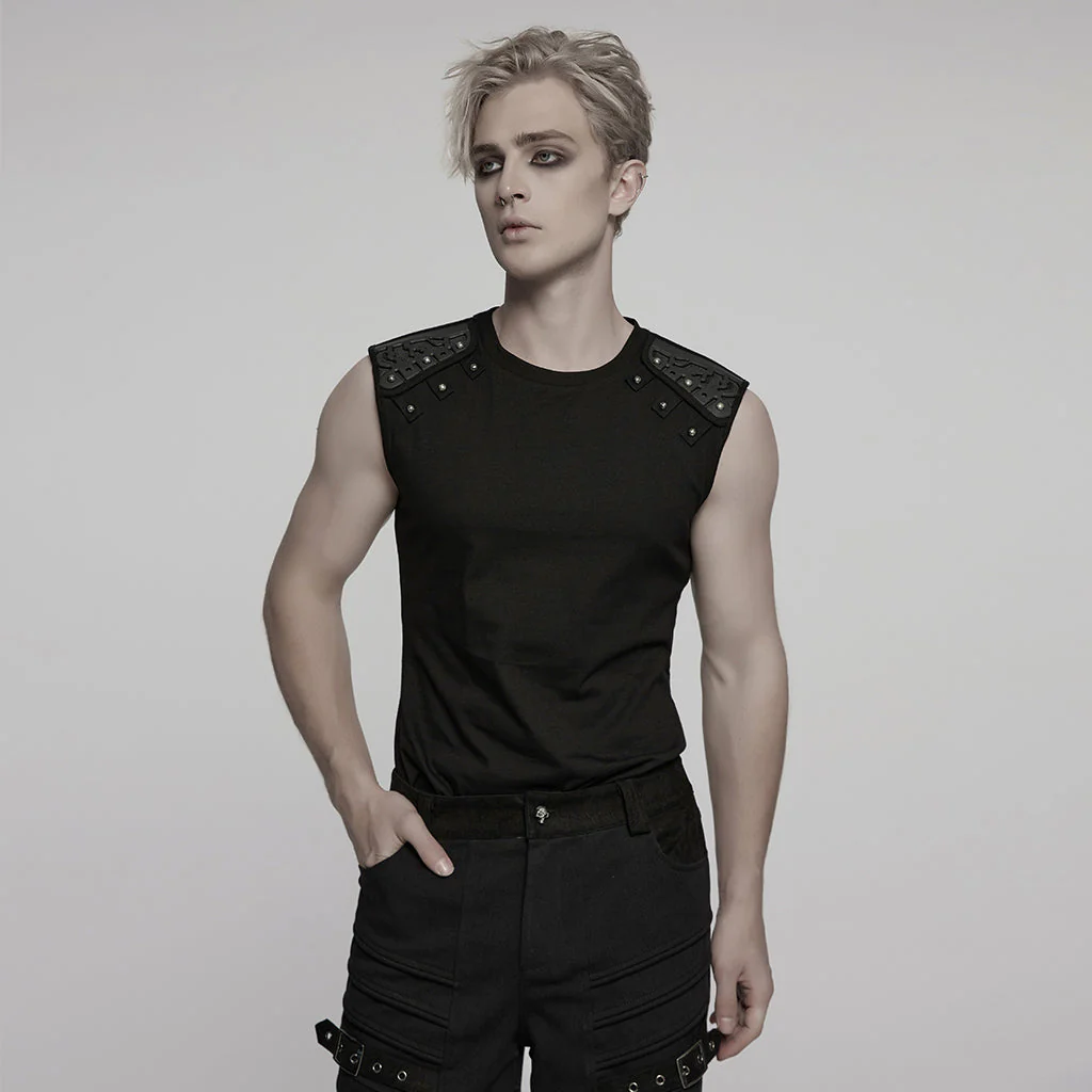 WT-995BXM Mens Studded Shoulder Punk Vests Black Sleeveless Top - Image 18
