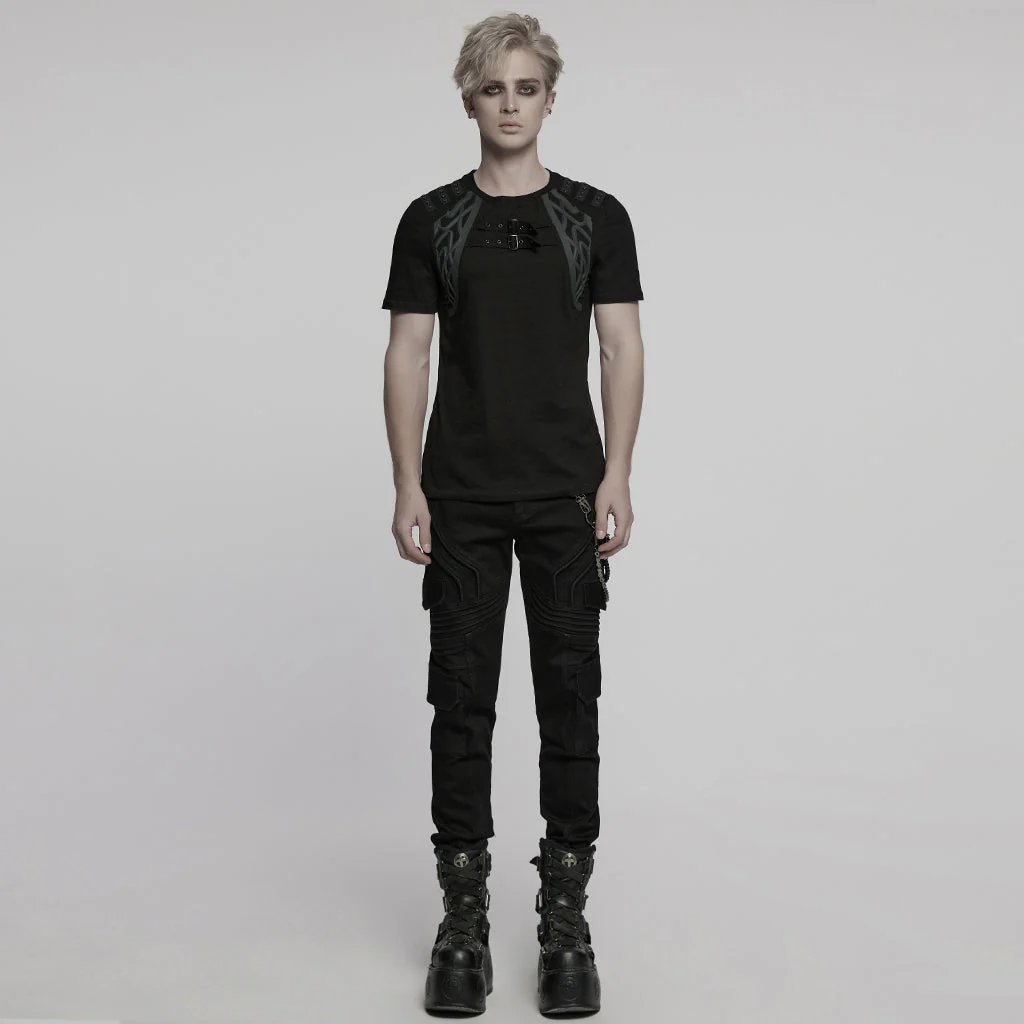 WT-996TDM Edgy Buckle Accent Punk T-Shirts with Shoulder Details - Image 15