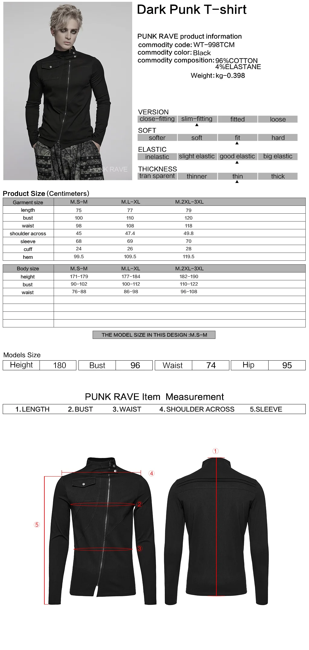 WT-998TCM Edgy Asymmetric Zip Punk T-Shirts with Military Collar - Image 2