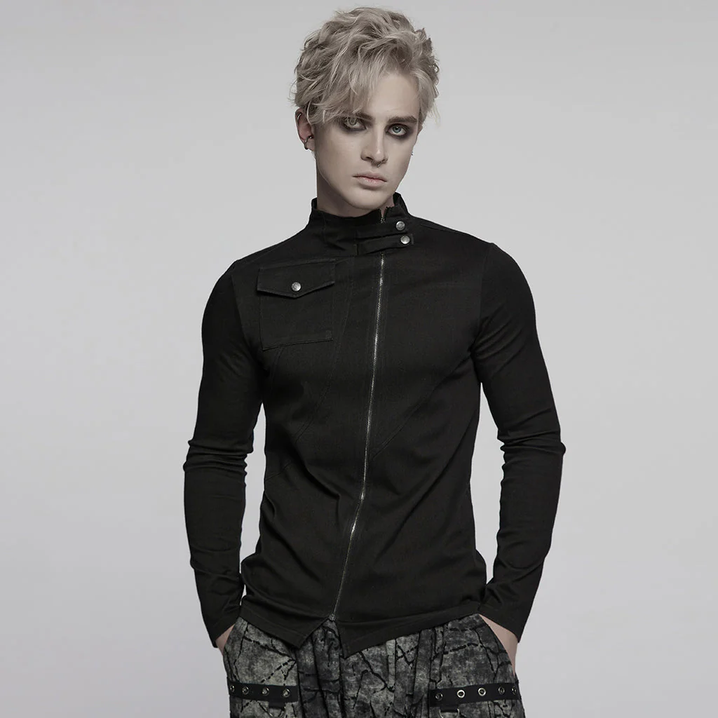WT-998TCM Edgy Asymmetric Zip Punk T-Shirts with Military Collar - Image 21