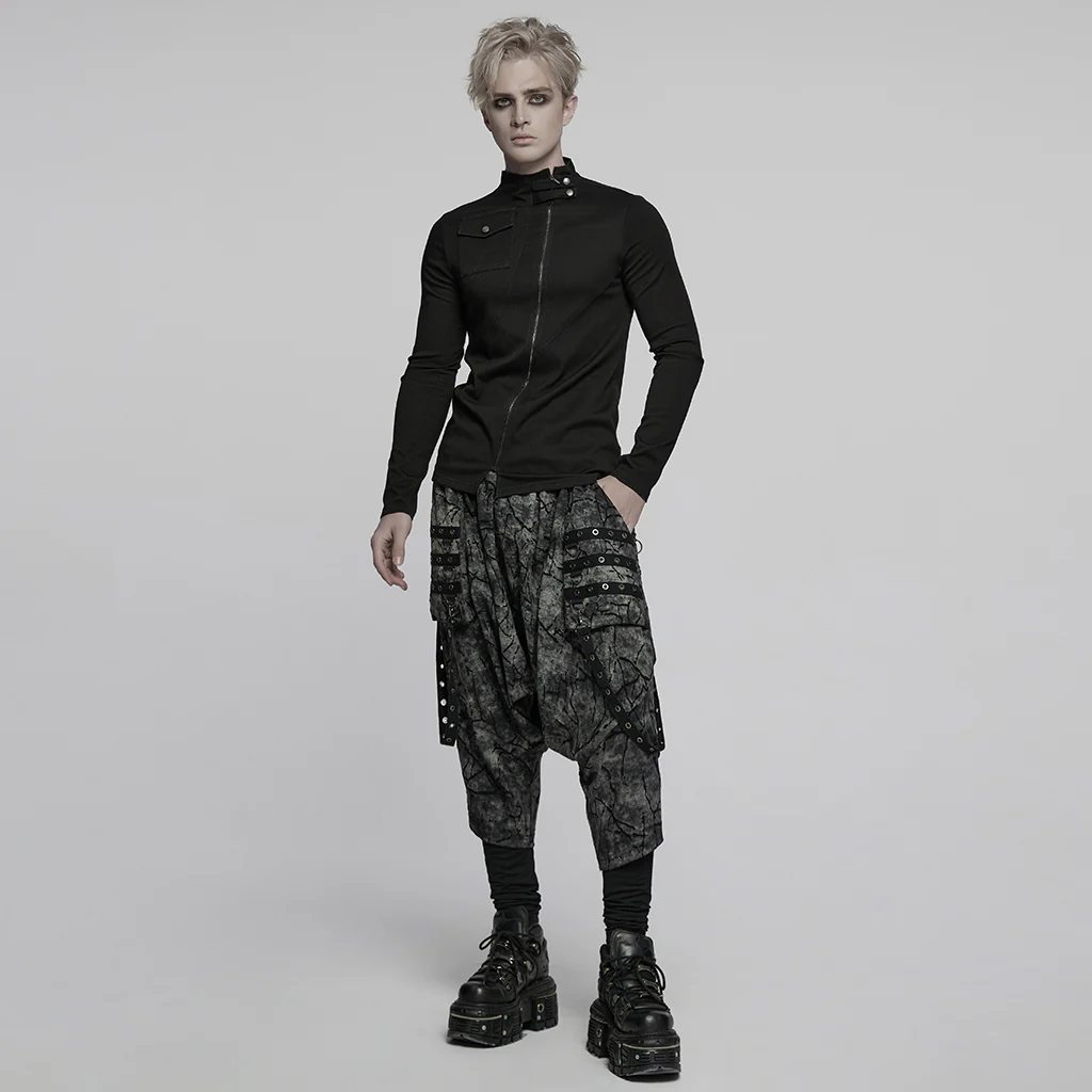 WT-998TCM Edgy Asymmetric Zip Punk T-Shirts with Military Collar - Image 5