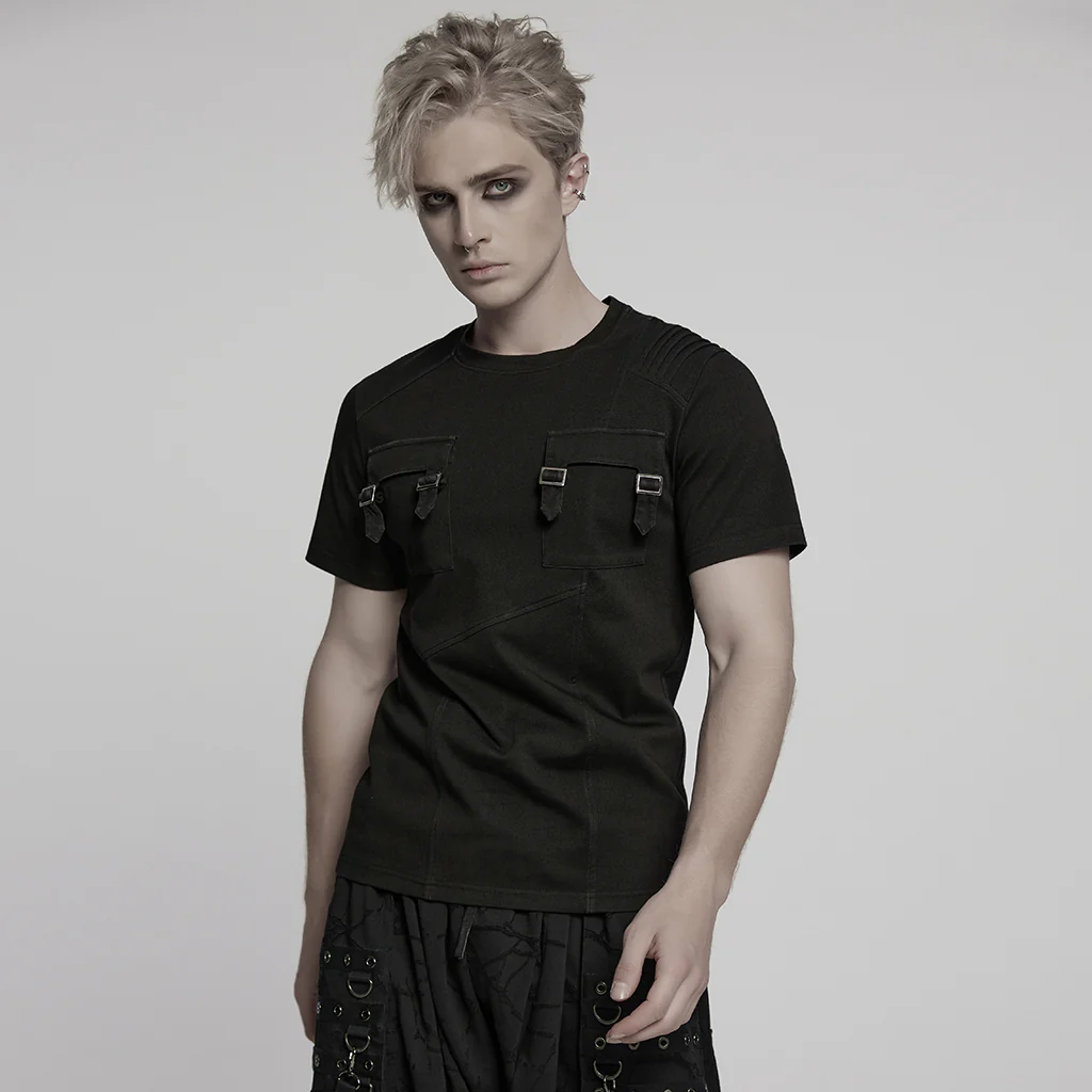 WT-999TDM Mens Double Pocket Buckle Strap Punk T-Shirts - Image 3