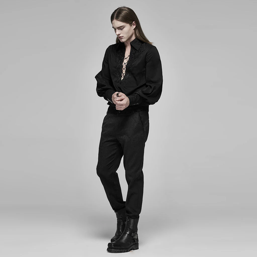 WY-1160CCM Mens Gothic Black Lace-Up Long Sleeve Shirt - Image 13