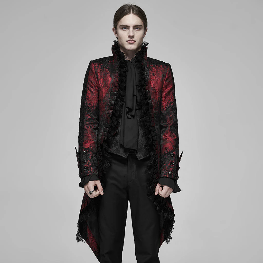 WY-1166XCM Victorian Gothic Coat Red Black Brocade Lace Trim - Image 21