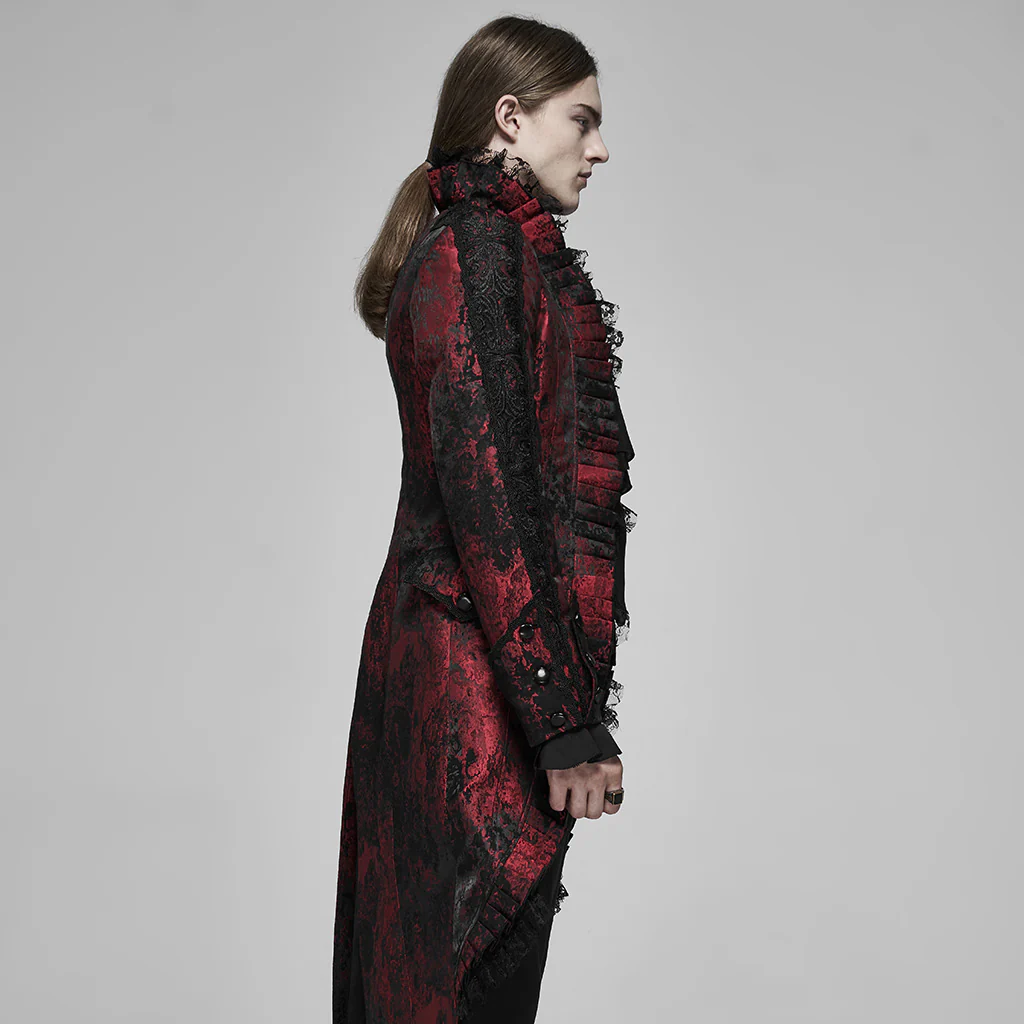 WY-1166XCM Victorian Gothic Coat Red Black Brocade Lace Trim - Image 3