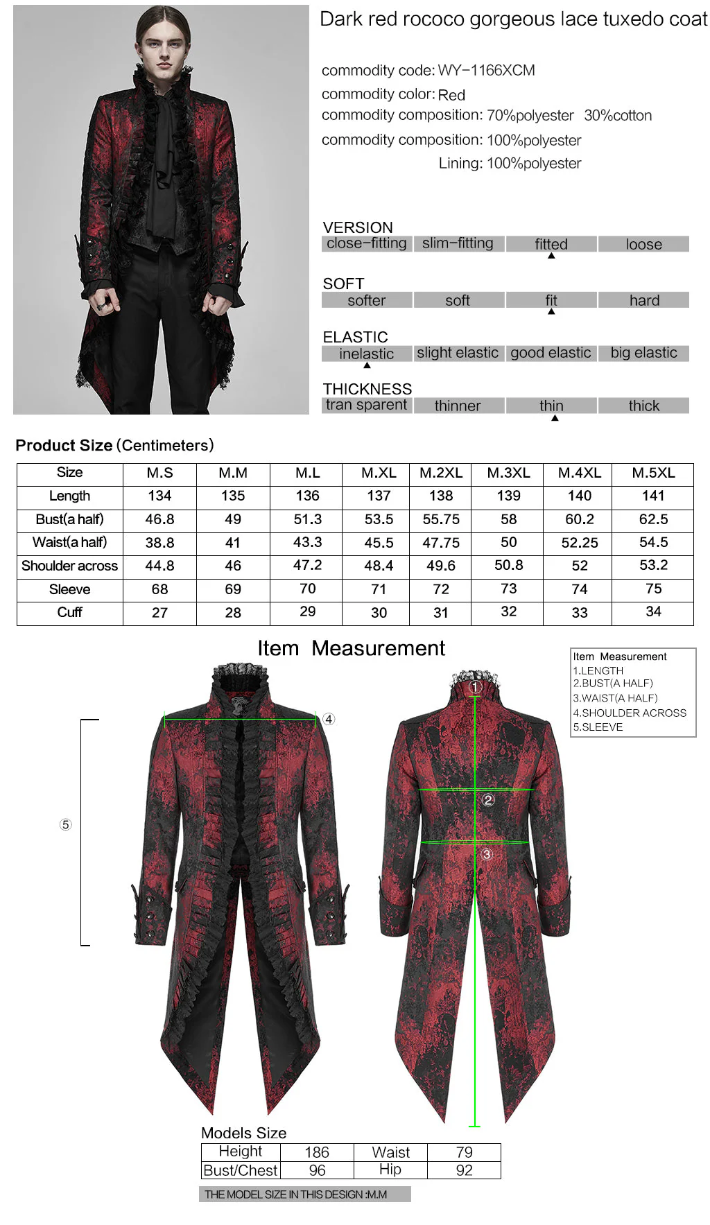 WY-1166XCM Victorian Gothic Coat Red Black Brocade Lace Trim - Image 38