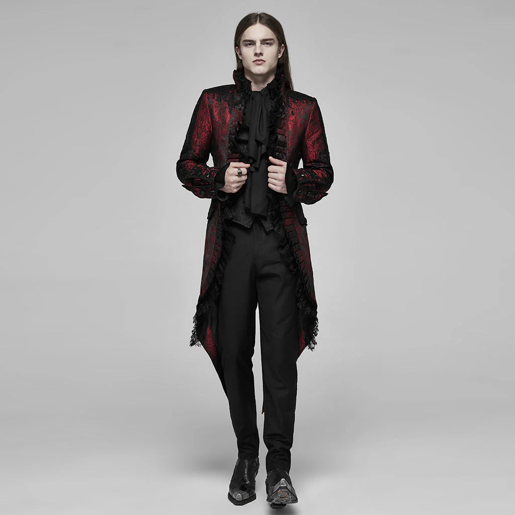 WY-1166XCM Victorian Gothic Coat Red Black Brocade Lace Trim - Image 41