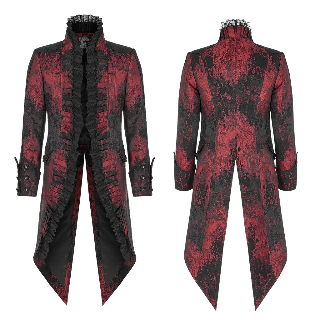 WY-1166XCM Victorian Gothic Coat Red Black Brocade Lace Trim - Image 6