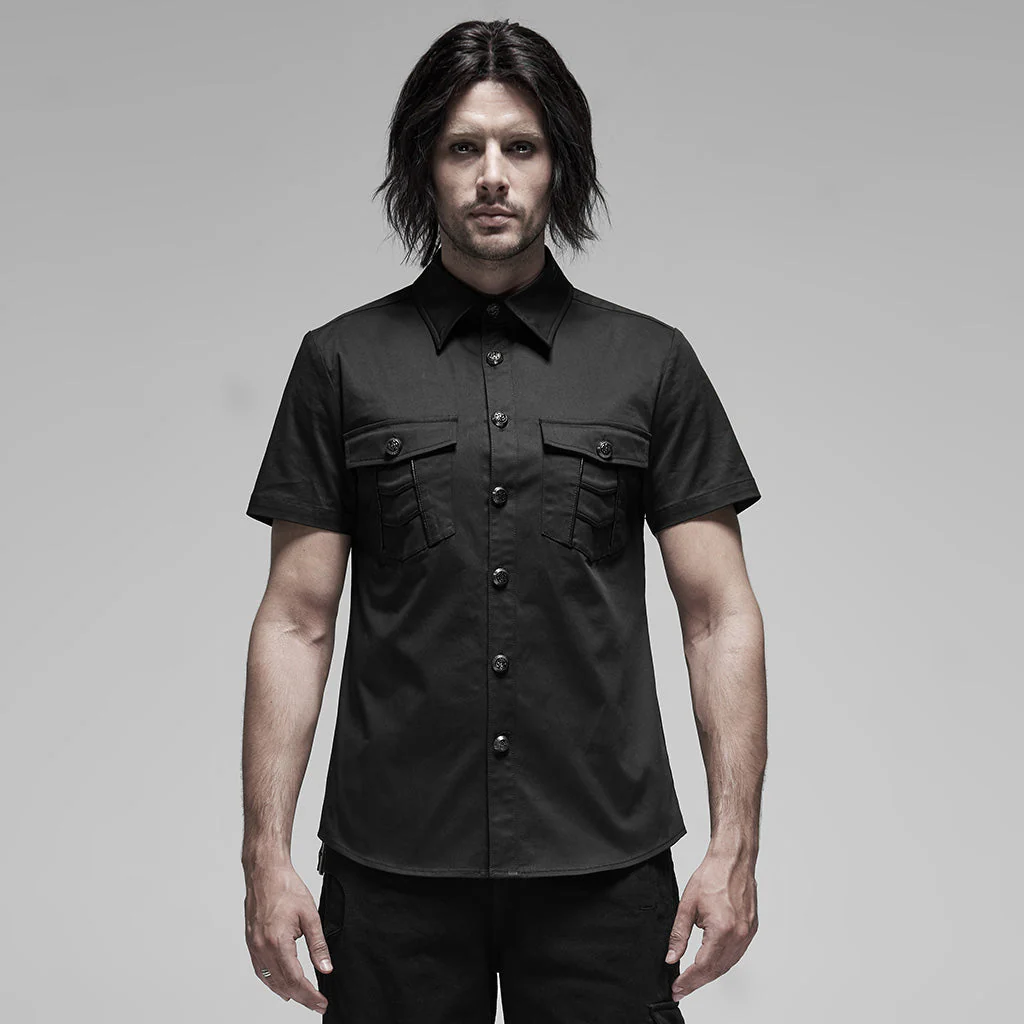 WY-1180CDM Punk Shirts Black Button-Down Dual Pocket Short Sleeve Top