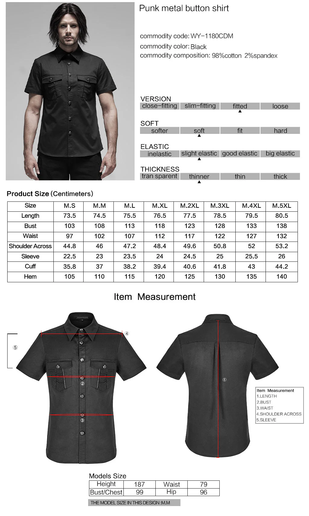 WY-1180CDM Punk Shirts Black Button-Down Dual Pocket Short Sleeve Top - Image 11