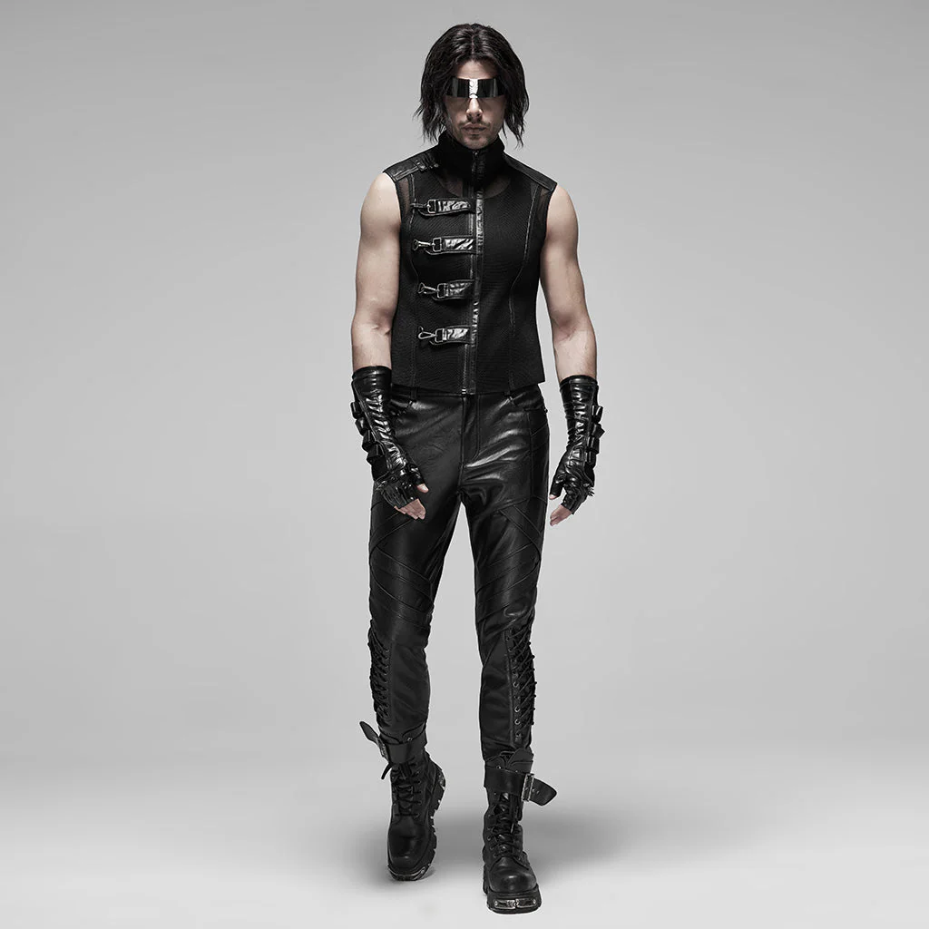 WY-1185MJM Gothic Buckle Punk Vest Cyclist Black Leather Sleeveless Jacket - Image 5