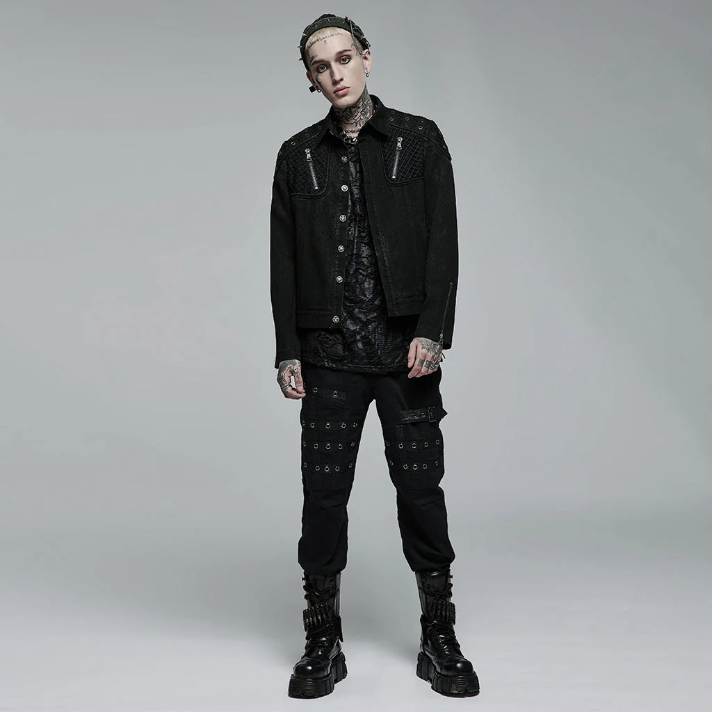 WY-1375XDM Punk Rave Punk Jacket black Denim Studded Biker Style with Zipper Details - Image 20
