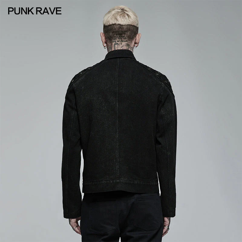 WY-1375XDM Punk Rave Punk Jacket black Denim Studded Biker Style with Zipper Details - Image 3