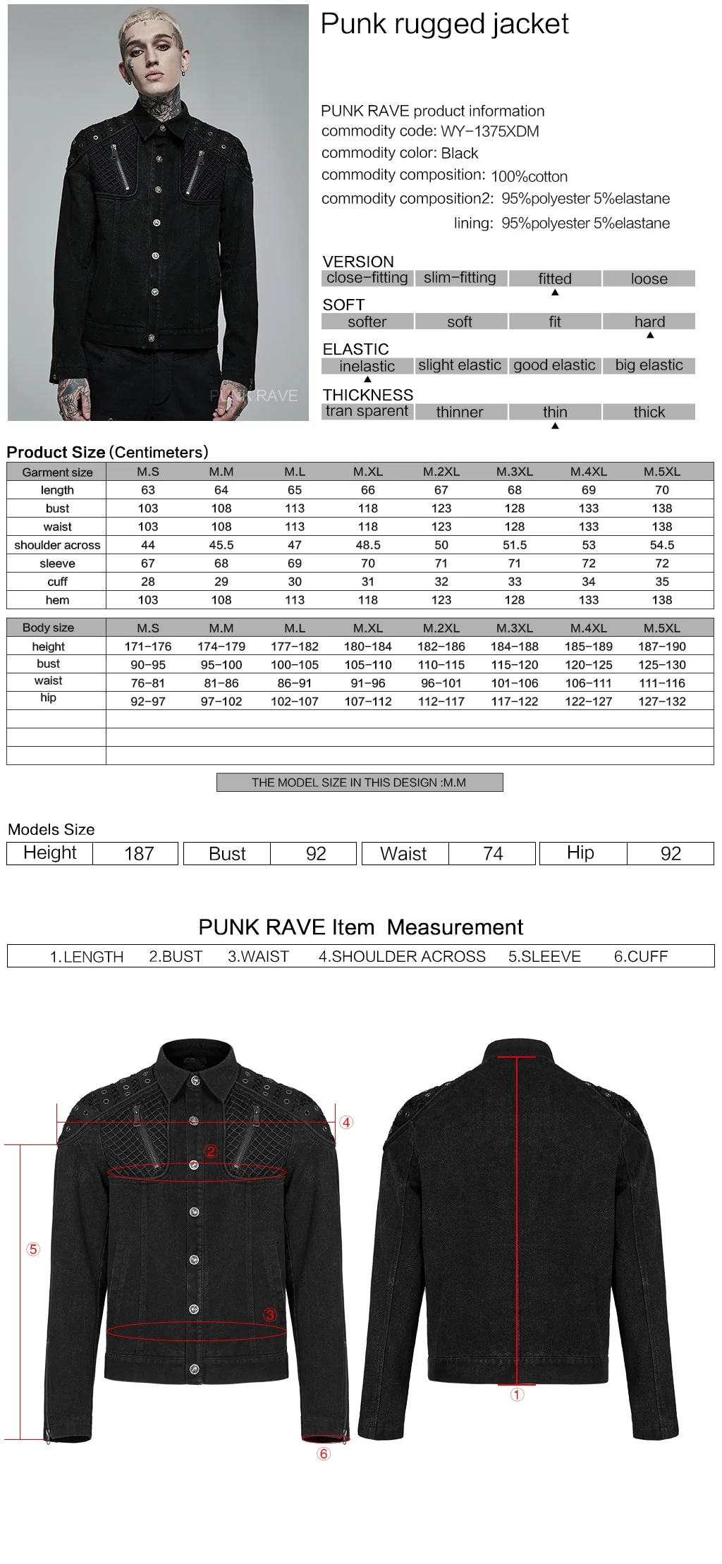 WY-1375XDM Punk Rave Punk Jacket black Denim Studded Biker Style with Zipper Details - Image 7