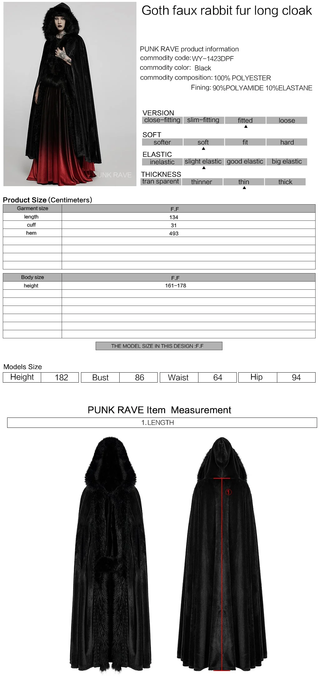 WY-1423DPF Elegant Gothic Faux Fur Hooded Cloak Long Coat - Image 2
