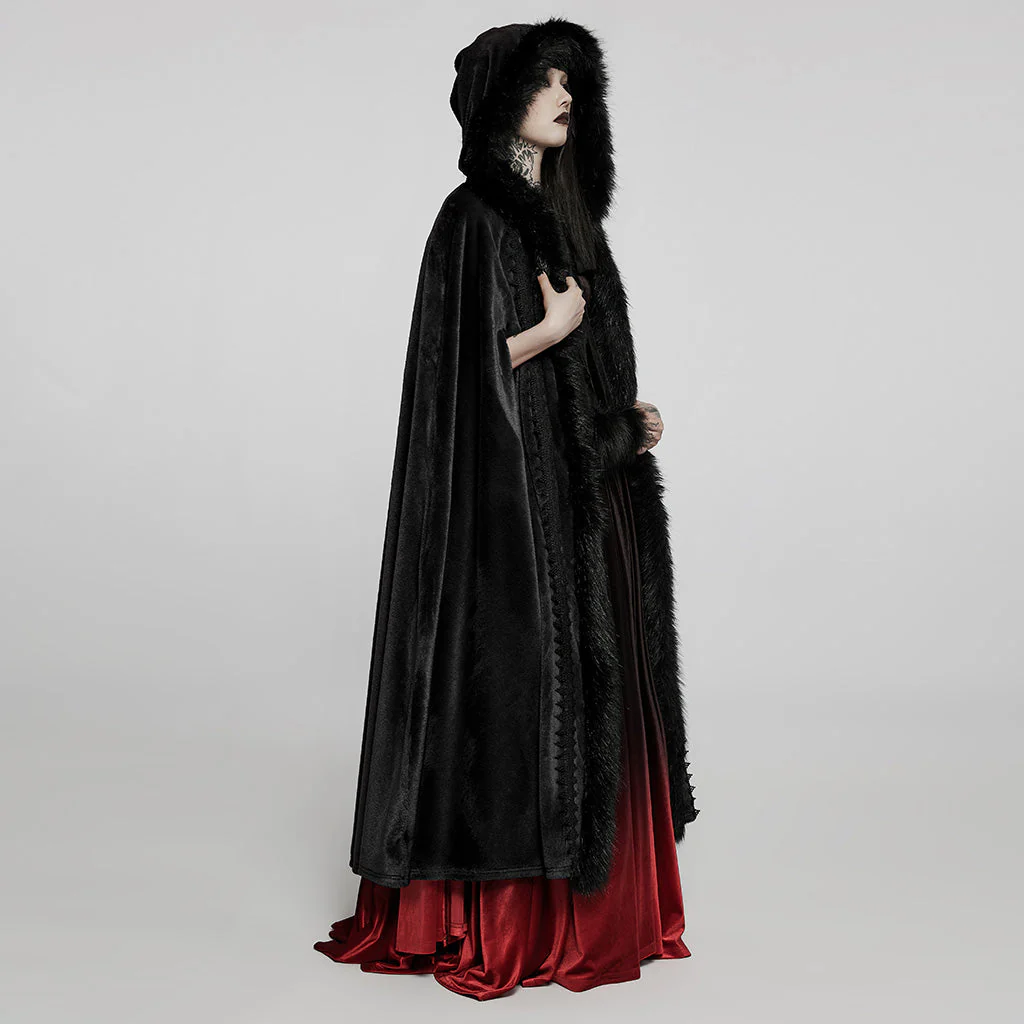 WY-1423DPF Elegant Gothic Faux Fur Hooded Cloak Long Coat - Image 22