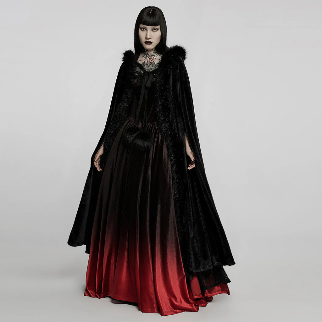 WY-1423DPF Elegant Gothic Faux Fur Hooded Cloak Long Coat - Image 5