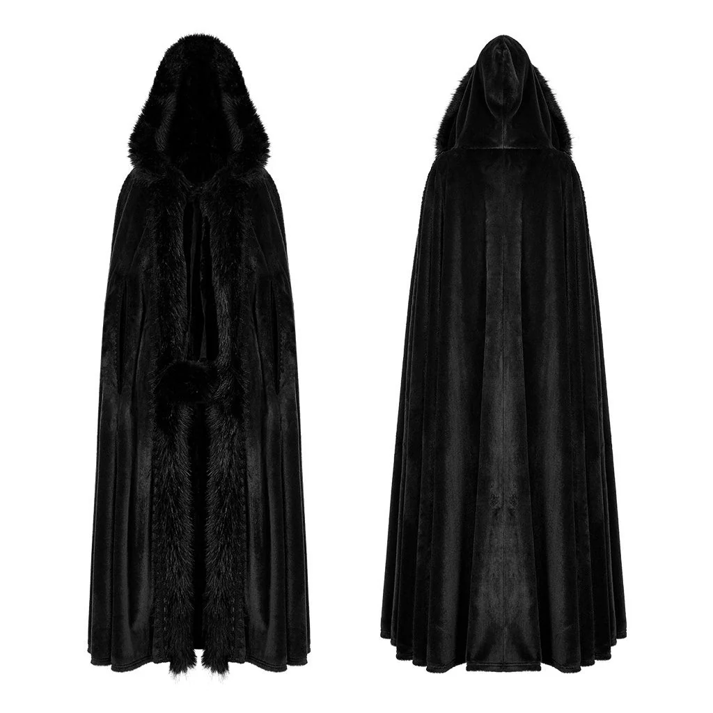 WY-1423DPF Elegant Gothic Faux Fur Hooded Cloak Long Coat - Image 6