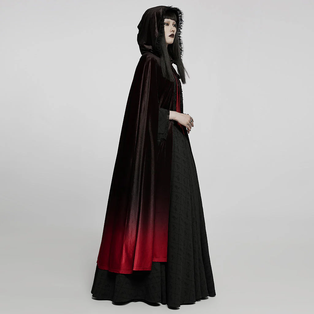 WY-1426DPF Velvet Gradient Hooded Gothic Coat With Lace Trim Detailing - Image 13