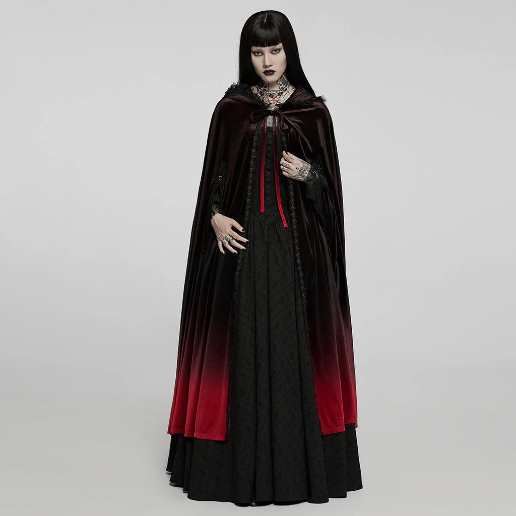 WY-1426DPF Velvet Gradient Hooded Gothic Coat With Lace Trim Detailing - Image 15