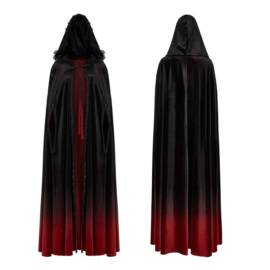 WY-1426DPF Velvet Gradient Hooded Gothic Coat With Lace Trim Detailing - Image 6