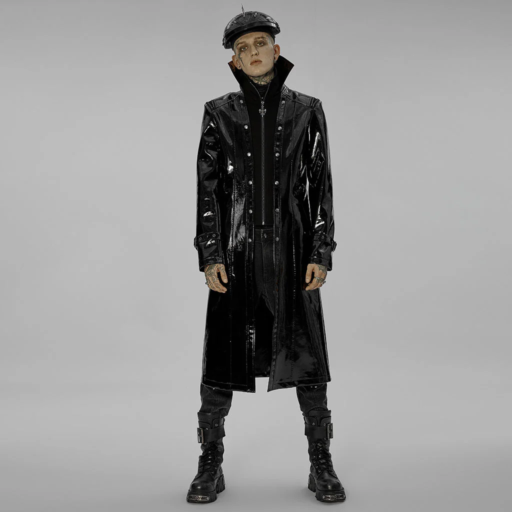 WY-1447DQM Gothic Patent Leather Long Coat With High Collar Style - Image 6