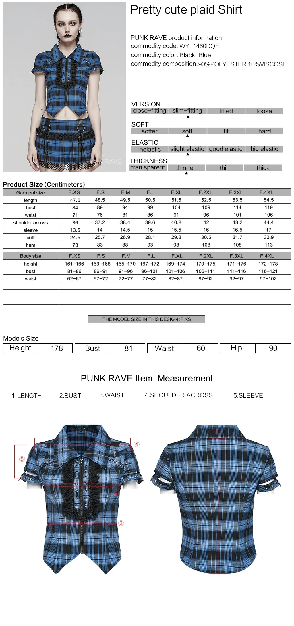WY-1460DQF Punk Rave Gothic T-Shirt Plaid Crop Top with Studded Details - Image 13