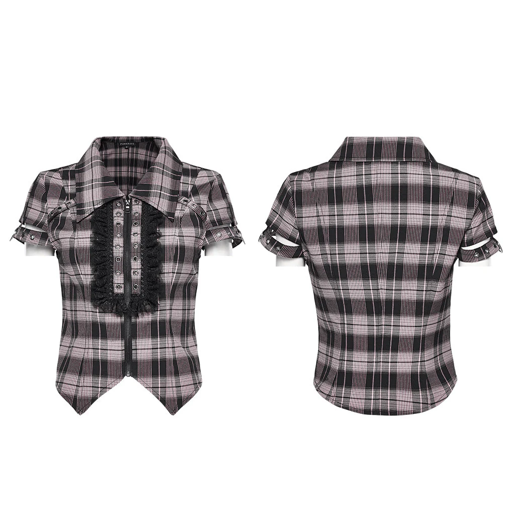 WY-1460DQF Punk Rave Gothic T-Shirt Plaid Crop Top with Studded Details - Image 27