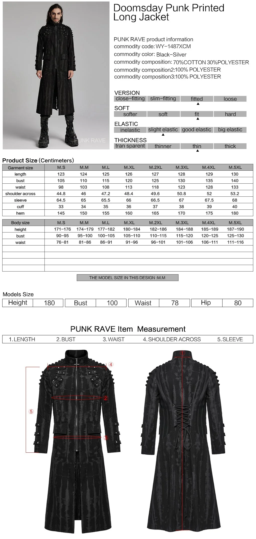 WY-1487XCM Gothic Long Punk Coat with Rivet Shoulder Details - Image 12