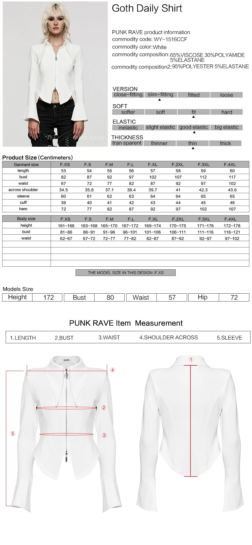 WY-1516CCF Punk Rave Gothic Blouse Slim Fit Black Zip-Up Top Bell Sleeve - Image 10