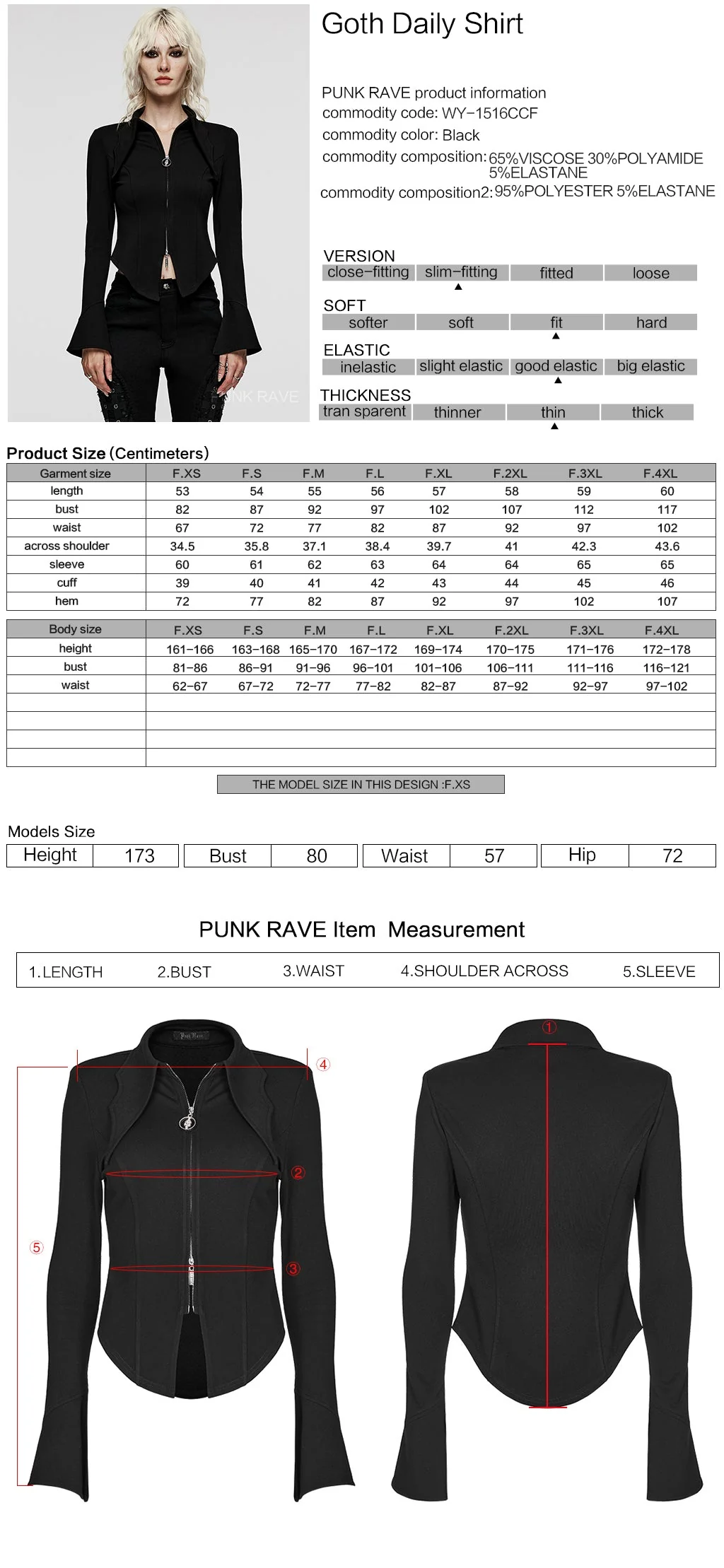 WY-1516CCF Punk Rave Gothic Blouse Slim Fit Black Zip-Up Top Bell Sleeve - Image 15