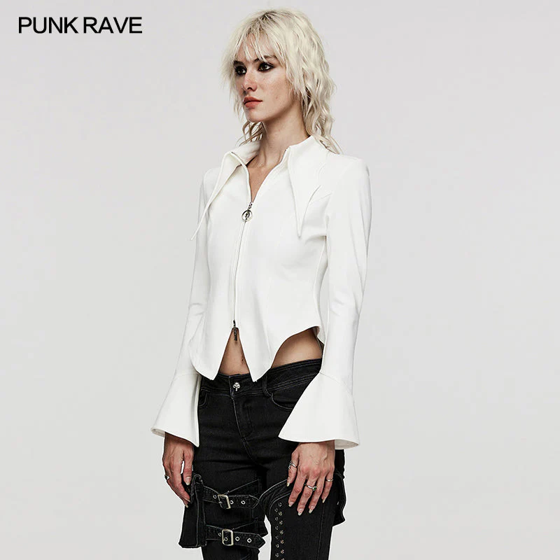 WY-1516CCF Punk Rave Gothic Blouse Slim Fit Black Zip-Up Top Bell Sleeve - Image 2