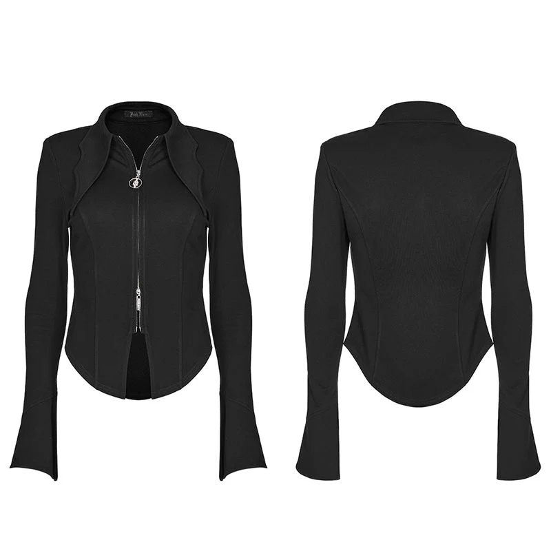 WY-1516CCF Punk Rave Gothic Blouse Slim Fit Black Zip-Up Top Bell Sleeve - Image 20