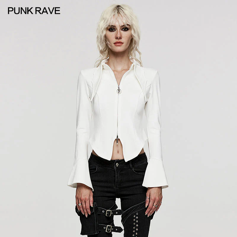 WY-1516CCF Punk Rave Gothic Blouse Slim Fit Black Zip-Up Top Bell Sleeve - Image 24