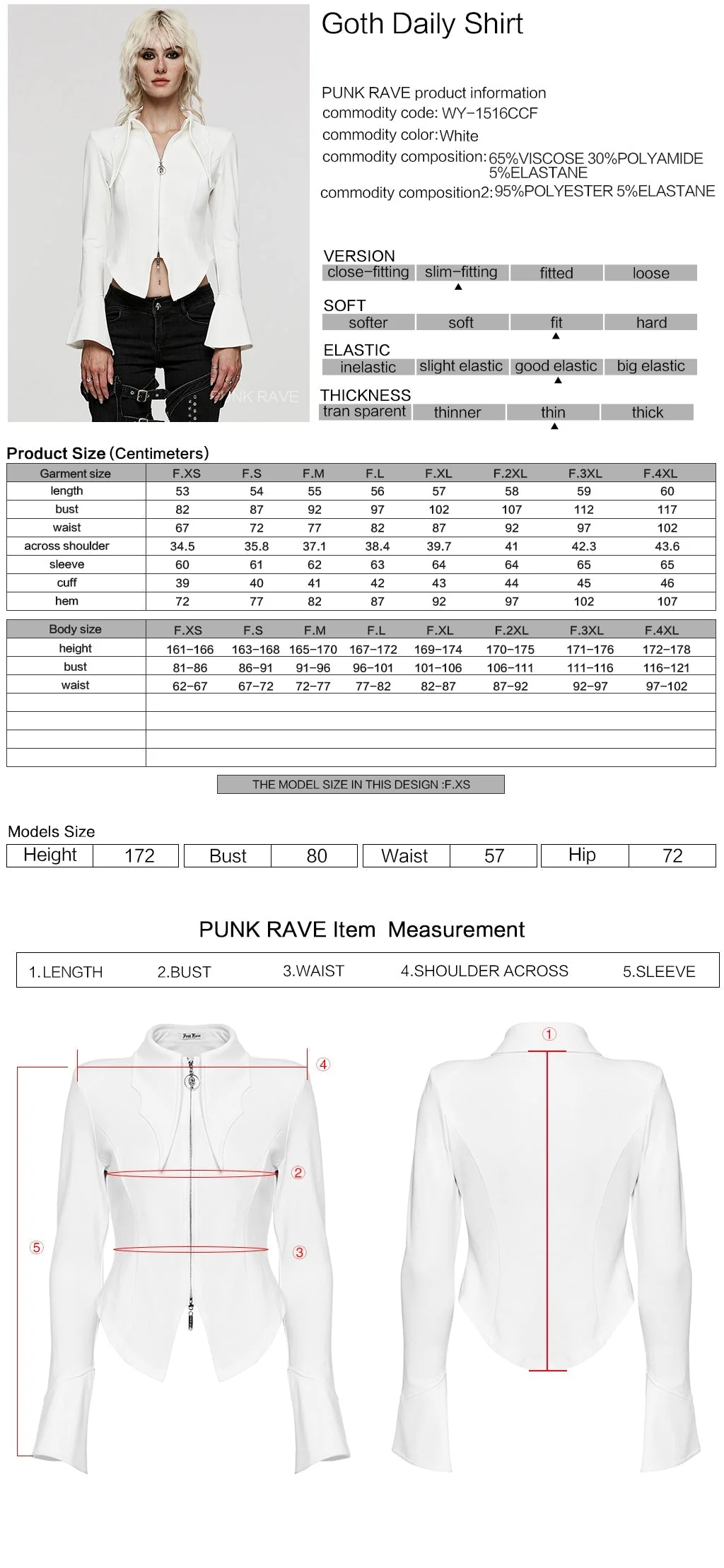 WY-1516CCF Punk Rave Gothic Blouse Slim Fit Black Zip-Up Top Bell Sleeve - Image 28