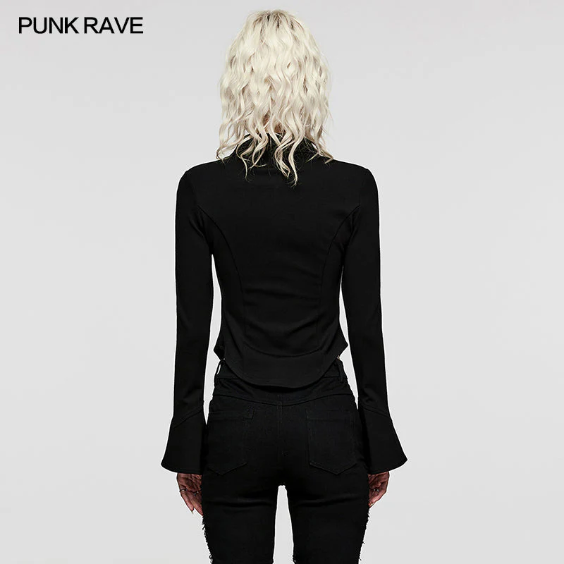 WY-1516CCF Punk Rave Gothic Blouse Slim Fit Black Zip-Up Top Bell Sleeve - Image 34