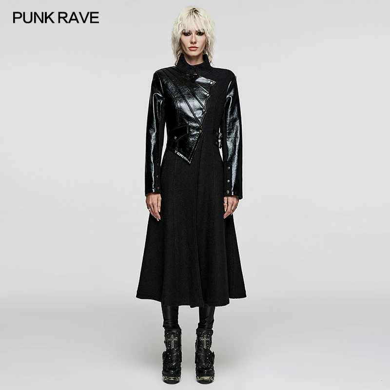WY-1532ECF Punk Rave Gothic Coat Asymmetrical black Leather Panel Long Trench - Image 13