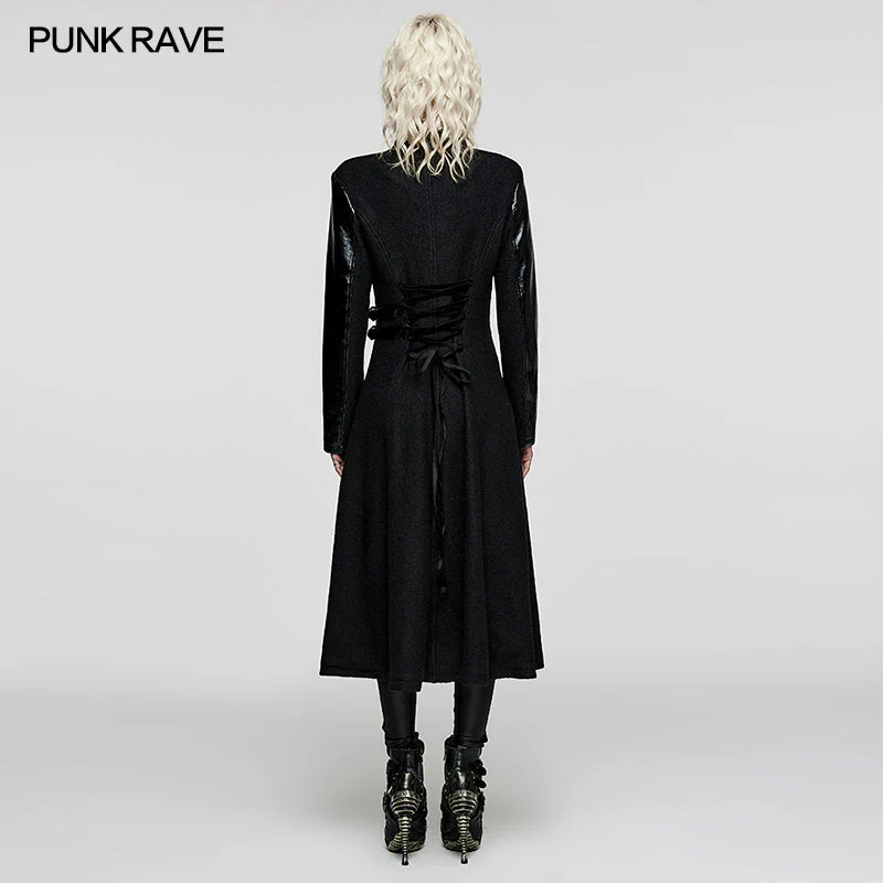 WY-1532ECF Punk Rave Gothic Coat Asymmetrical black Leather Panel Long Trench - Image 15