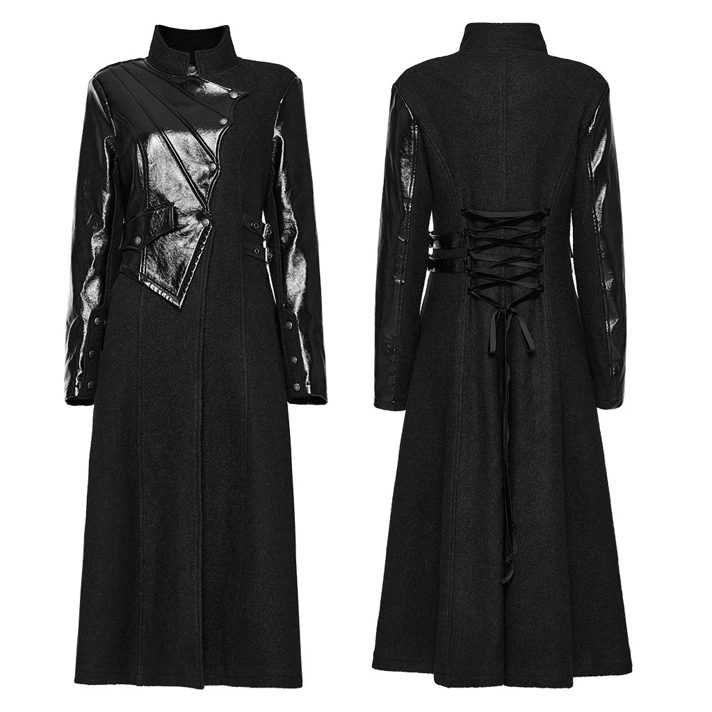 WY-1532ECF Punk Rave Gothic Coat Asymmetrical black Leather Panel Long Trench - Image 21